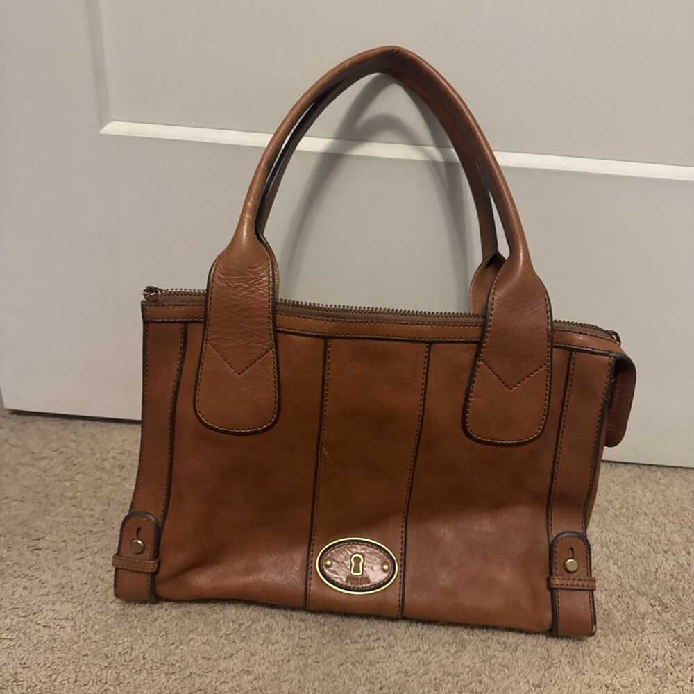 Fossil Leather Satchel Purse Handbag Large Brown Leather Tote Brass Hardware